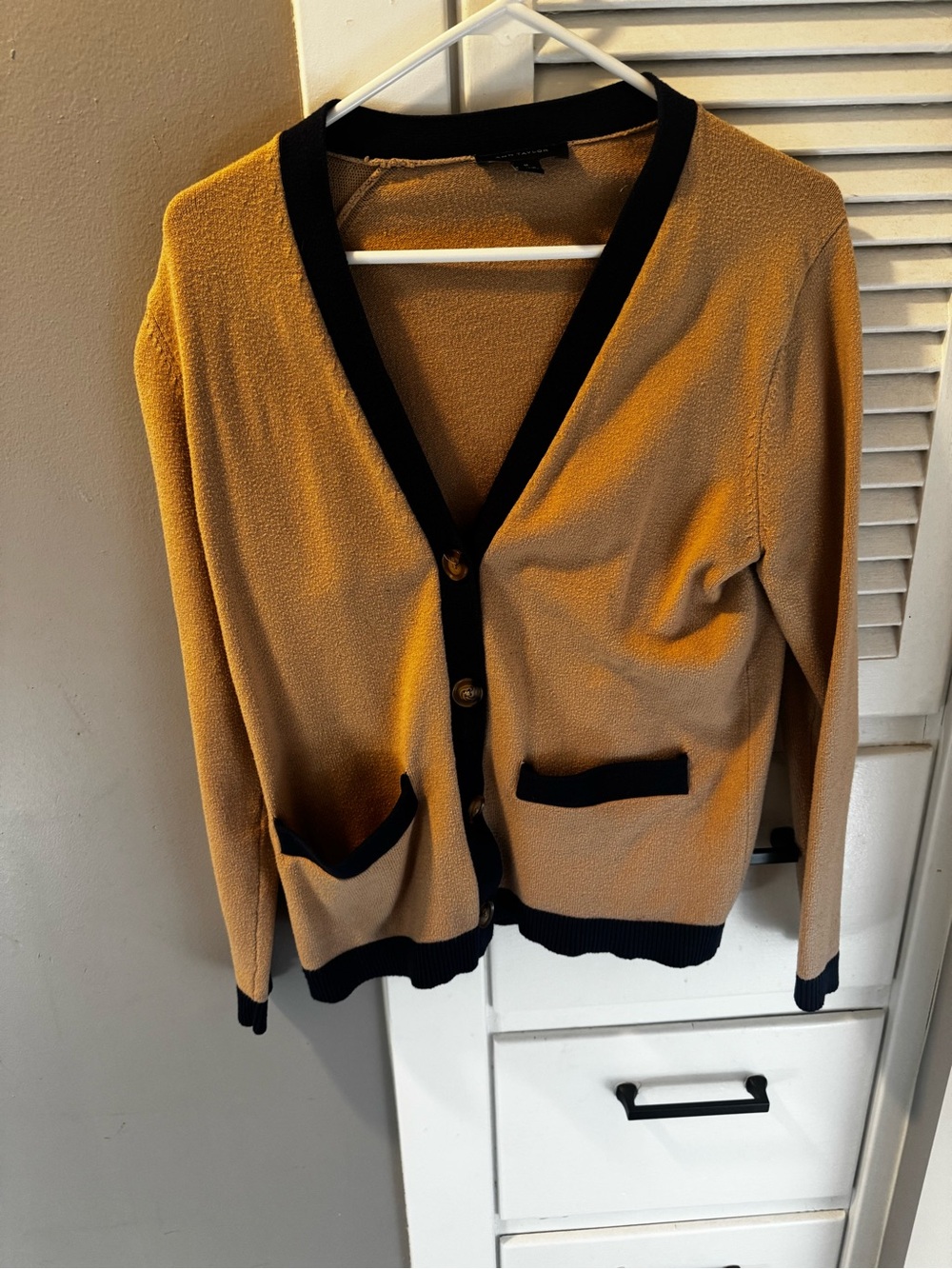 Ann Taylor Camel Cardigan with Navy Trim
